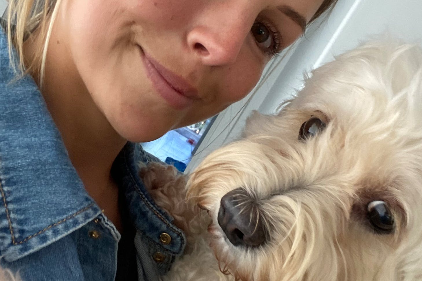 Woman with small dog.